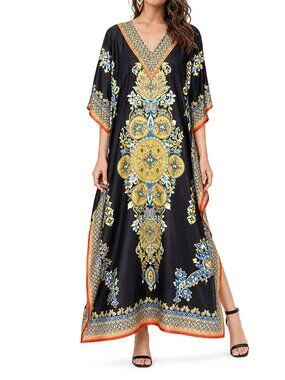 Paisley Printed Black Polyester Kaftan Dress for Women by Gypsie Blu